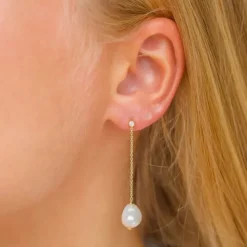 9-9,5 mm lange perle kæde øreringe i forgyldt sølv