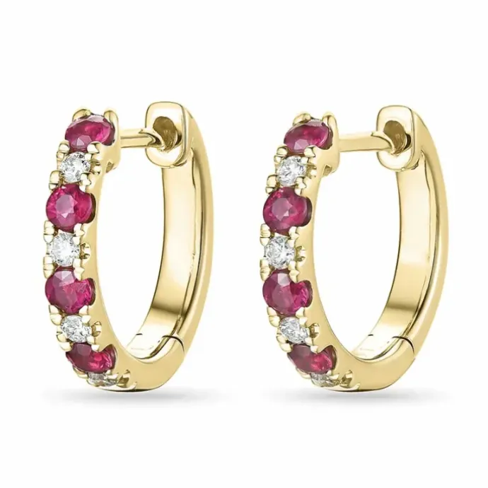 14 mm rubin creoler i 14 karat guld med rubin og diamant