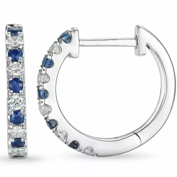 14 mm safir creoler i 14 karat hvidguld med safir og diamant