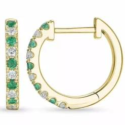 14 mm smaragd creoler i 14 karat guld med smaragd og diamant