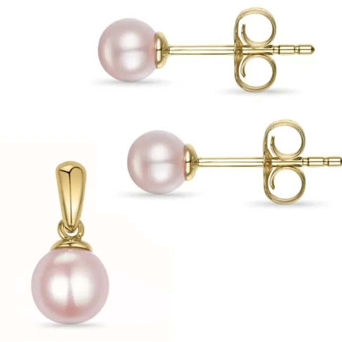 6 og 5 mm rosa perle sæt med øreringe og vedhæng i 9 karat guld