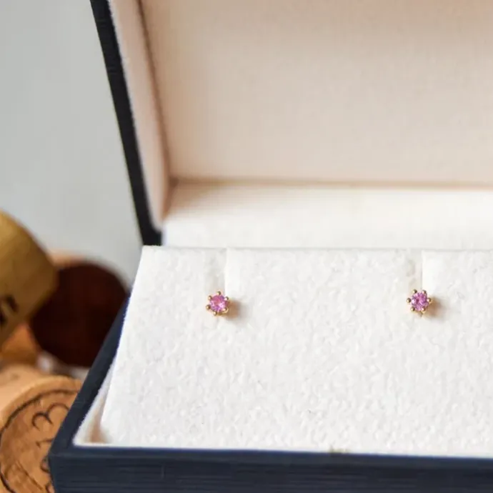 2 x 0,07 ct pink safir solitaireørestikker i 14 karat guld med pink safir