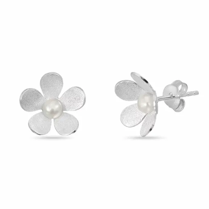 Blomster perle ørestikker i sølv
