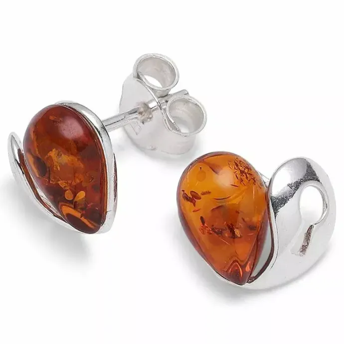 Hjerte rav ørestikker i sølv