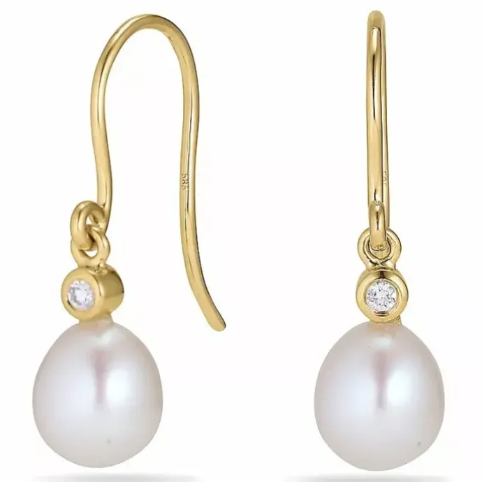 Ovale 7 - 8 mm aaa-graded ferskvandsperle brillantøreringe i 14 karat guld med diamanter