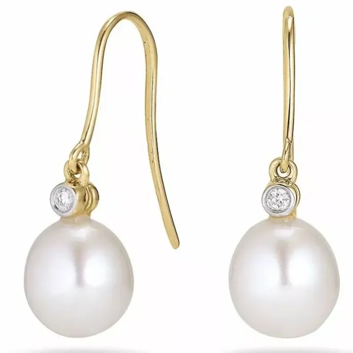 Ovale 7 - 8 mm aaa-graded ferskvandsperle diamantøreringe i 14 karat guld med diamanter
