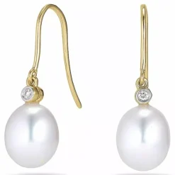 Ovale 8 - 9 mm aaa-graded ferskvandsperle diamantøreringe i 14 karat guld med diamanter