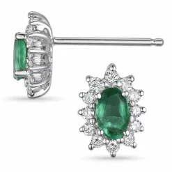 Roset øreringe i 14 karat hvidguld med diamant og smaragd