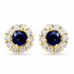 Runde blå safir diamantøreringe i 14 karat guld med safir og diamant