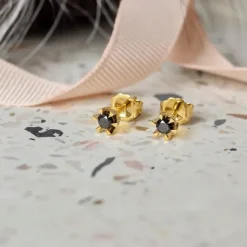 Sorte diamant solitaireørestikker i 14 karat guld med sort diamant