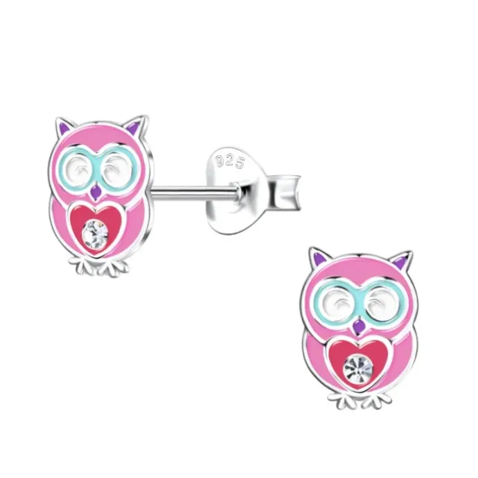 Ugle pink børneøreringe i sølv